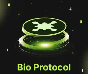 Bitunix A glowing green BIO logo with an abstract organic shape hovers above a digital circular platform, surrounded by green lights, with the text Bio Protocol below on a dark background.