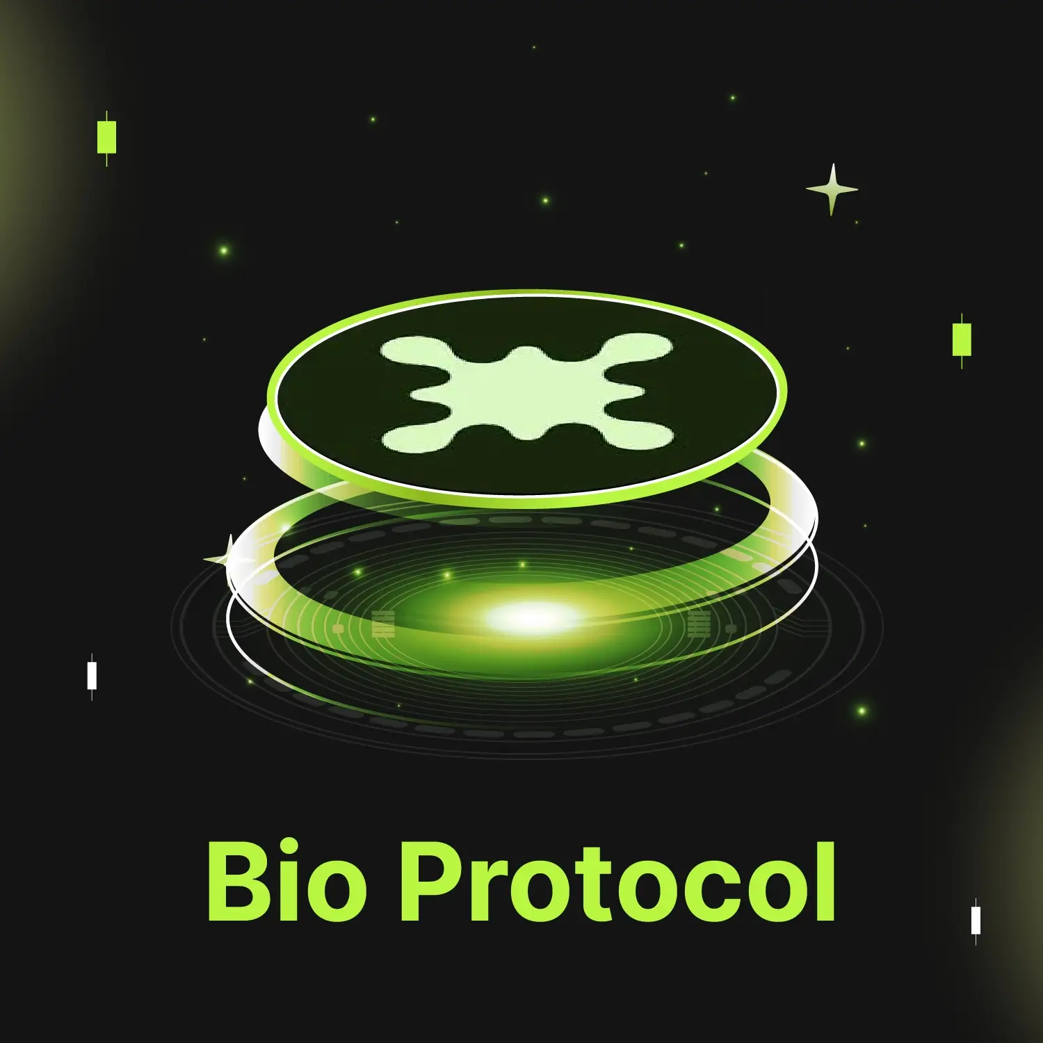 Bitunix A glowing green BIO logo with an abstract organic shape hovers above a digital circular platform, surrounded by green lights, with the text Bio Protocol below on a dark background.