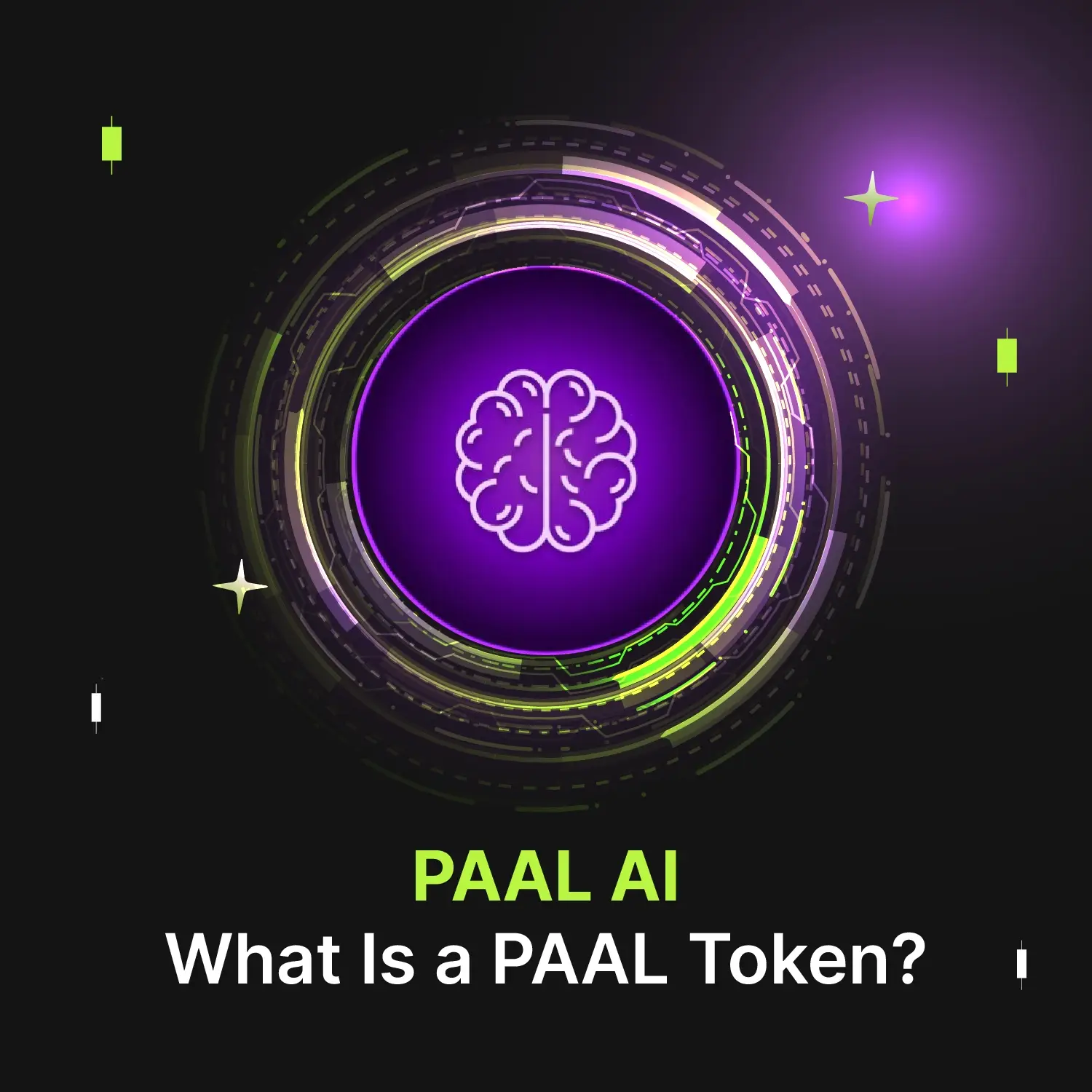 Bitunix A glowing digital illustration featuring a brain icon in a purple circle, surrounded by futuristic circular patterns. Below, neon green text reads, PAAL AI What Is a PAAL Token? on a black background.