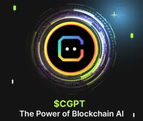 Bitunix A glowing circular digital graphic with a rainbow-colored AI icon in the center. Text below reads: $CGPT The Power of Blockchain AI on a dark background with tech accents.