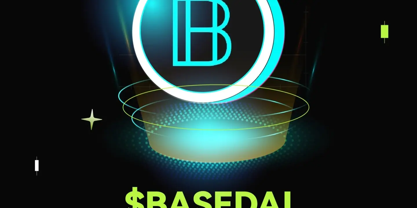 Bitunix A glowing digital coin with a B logo hovers above a blue platform on a black background. Text below reads: $BASEDAI What is Based AI and How to Buy/Sell? Neon accents and stars surround the coin.