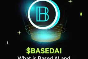 Bitunix A glowing digital coin with a B logo hovers above a blue platform on a black background. Text below reads: $BASEDAI What is Based AI and How to Buy/Sell? Neon accents and stars surround the coin.