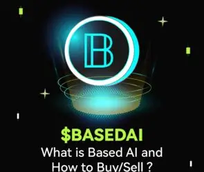 Bitunix A glowing digital coin with a B logo hovers above a blue platform on a black background. Text below reads: $BASEDAI What is Based AI and How to Buy/Sell? Neon accents and stars surround the coin.