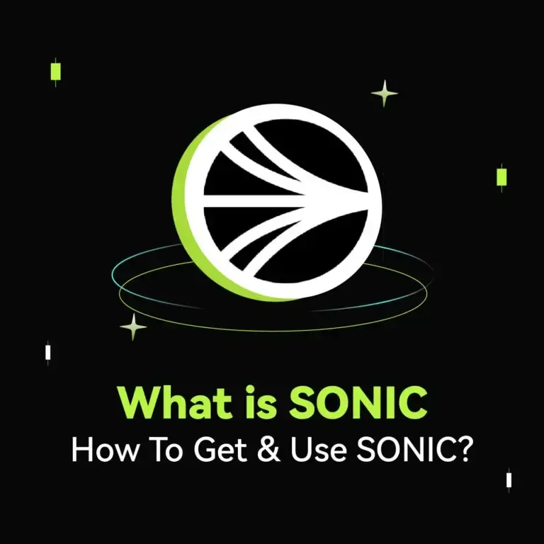 Bitunix A graphic with a circular abstract logo above the text: What is SONIC How To Get & Use SONIC? on a black background with green and white accents and floating geometric shapes.