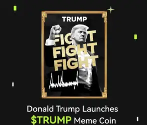 Bitunix A promotional graphic features Donald Trump raising his fist, with bold text TRUMP FIGHT FIGHT FIGHT and his signature below. The caption reads, Donald Trump Launches $TRUMP Meme Coin on a black background.