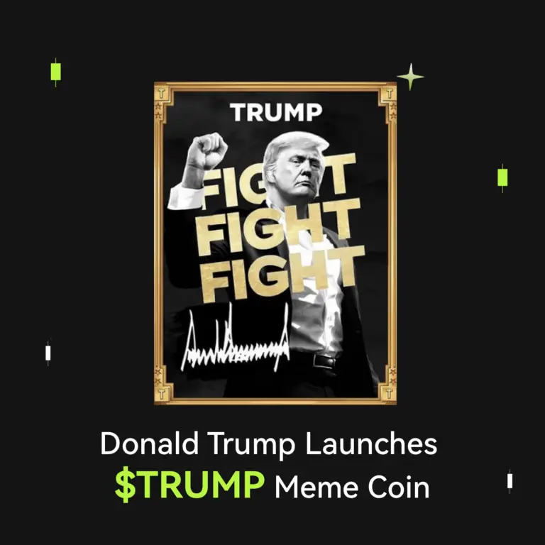 Bitunix A promotional graphic features Donald Trump raising his fist, with bold text TRUMP FIGHT FIGHT FIGHT and his signature below. The caption reads, Donald Trump Launches $TRUMP Meme Coin on a black background.