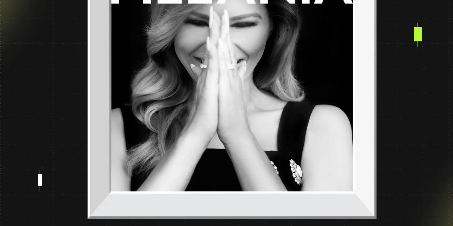 Bitunix A black and white photo of a woman smiling with her hands together, overlaid with the text MELANIA. Below, the caption reads: Melania Trump Launches Her Own Meme Coin on a dark background.
