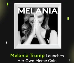 Bitunix A black and white photo of a woman smiling with her hands together, overlaid with the text MELANIA. Below, the caption reads: Melania Trump Launches Her Own Meme Coin on a dark background.