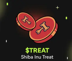 Bitunix Two cartoon-style red tokens with bone designs are shown above the text $TREAT Shiba Inu Treat on a dark, grid-patterned background with small green and white accents.