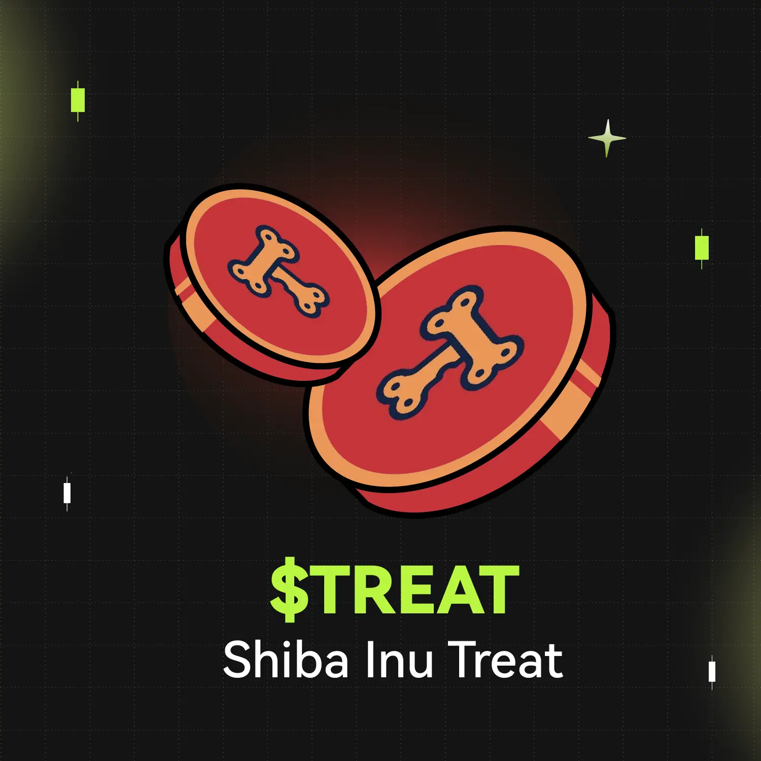 Bitunix Two cartoon-style red tokens with bone designs are shown above the text $TREAT Shiba Inu Treat on a dark, grid-patterned background with small green and white accents.