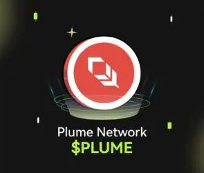 Bitunix A red and white circular logo with a stylized feather in the center, symbolizing PLUME, is surrounded by glowing rings. Below it, text reads Plume Network $PLUME on a dark grid background with green and white accents.