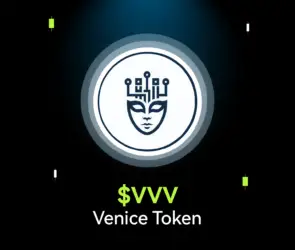Bitunix A digital coin with a stylized mask and circuit design is centered above the green text $VVV Venice AI Token on a dark, grid-like background with glowing accents.