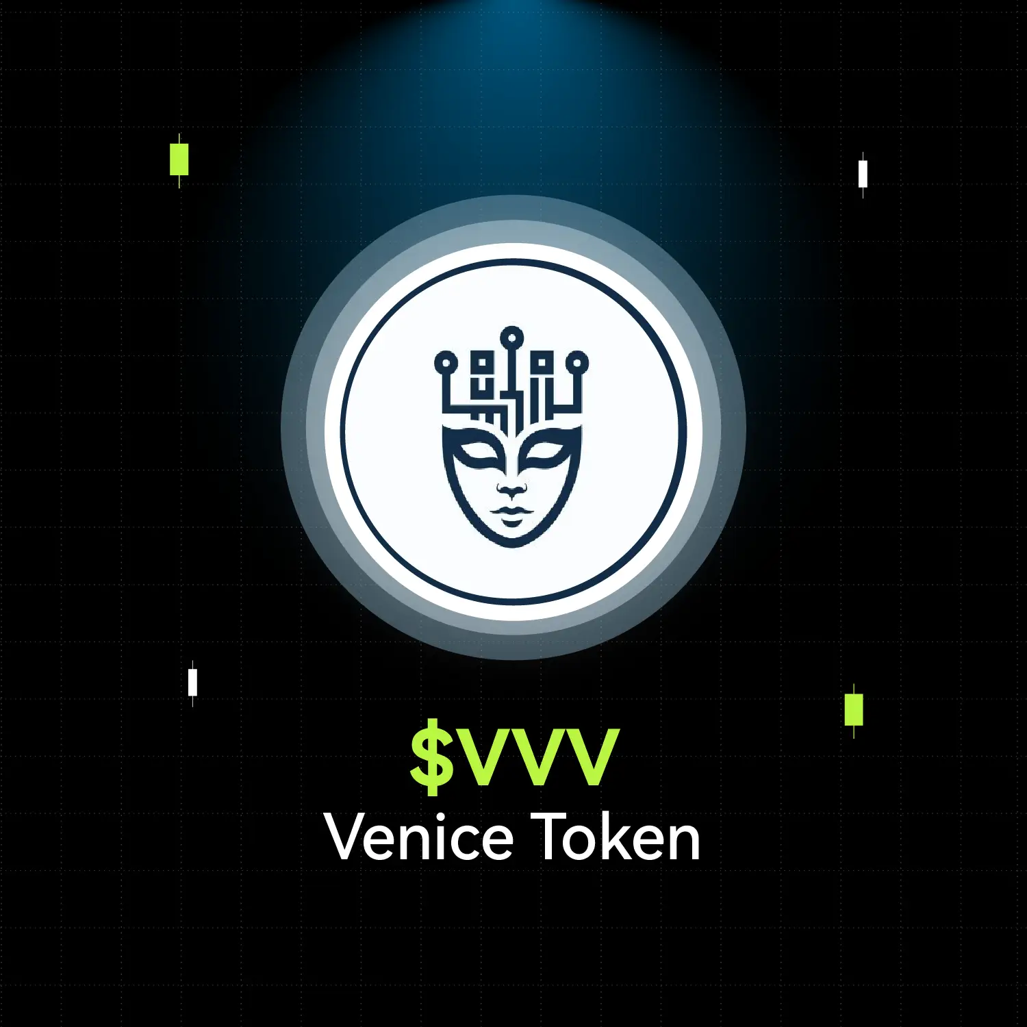 Bitunix A digital coin with a stylized mask and circuit design is centered above the green text $VVV Venice AI Token on a dark, grid-like background with glowing accents.