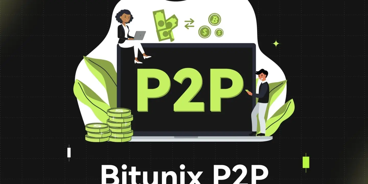 Bitunix Illustration of two people around a large screen displaying P2P, with stacks of coins, currency symbols, and leaves. Text below reads Bitunix P2P trading on a dark grid background.