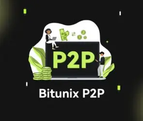 Bitunix Illustration of two people around a large screen displaying P2P, with stacks of coins, currency symbols, and leaves. Text below reads Bitunix P2P trading on a dark grid background.