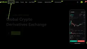 Bitunix Screenshot of the Bitunix website homepage with a green arrow pointing to the Buy Crypto button in the top navigation menu. The page promotes a global crypto derivatives exchange.