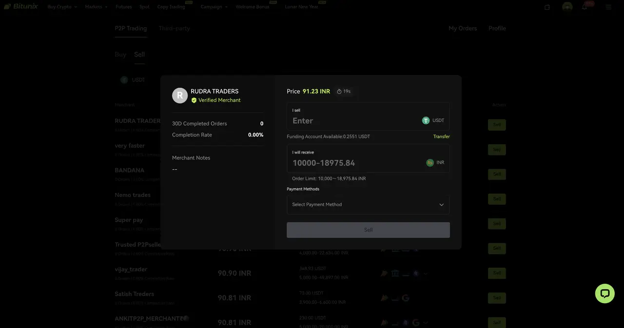 Bitunix A dark-themed cryptocurrency trading interface showing a pop-up window for selling with RUDRA TRADERS. Details include order limits, price in INR, P2P trading features, plus options to enter payment information and select a payment method.