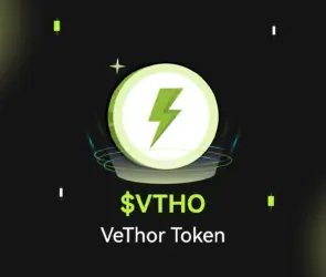 Bitunix A digital graphic showing a green lightning bolt inside a glowing circle, with $VTHO and VeThor Token written below on a dark grid background with green and white accents.