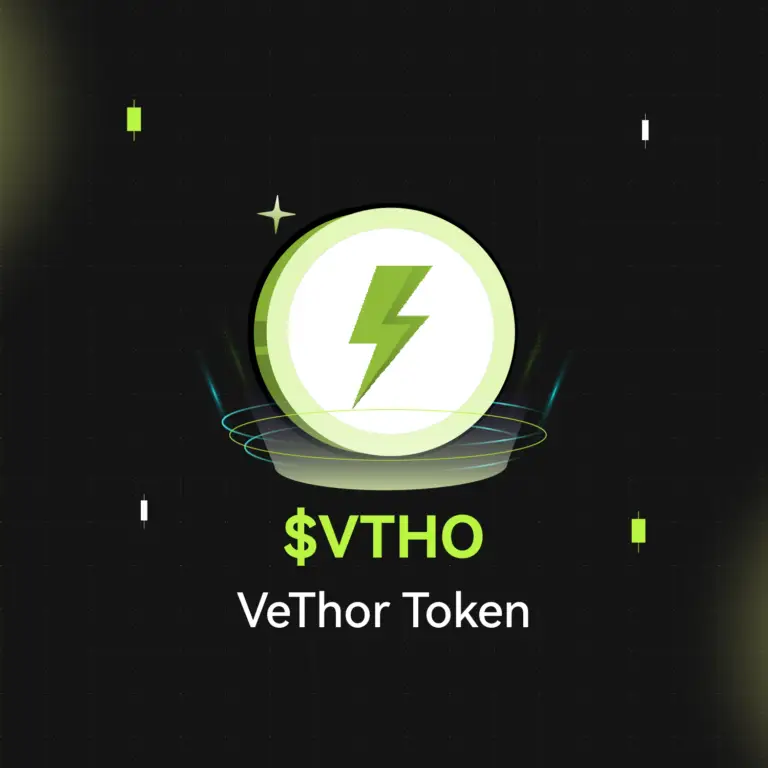 Bitunix A digital graphic showing a green lightning bolt inside a glowing circle, with $VTHO and VeThor Token written below on a dark grid background with green and white accents.