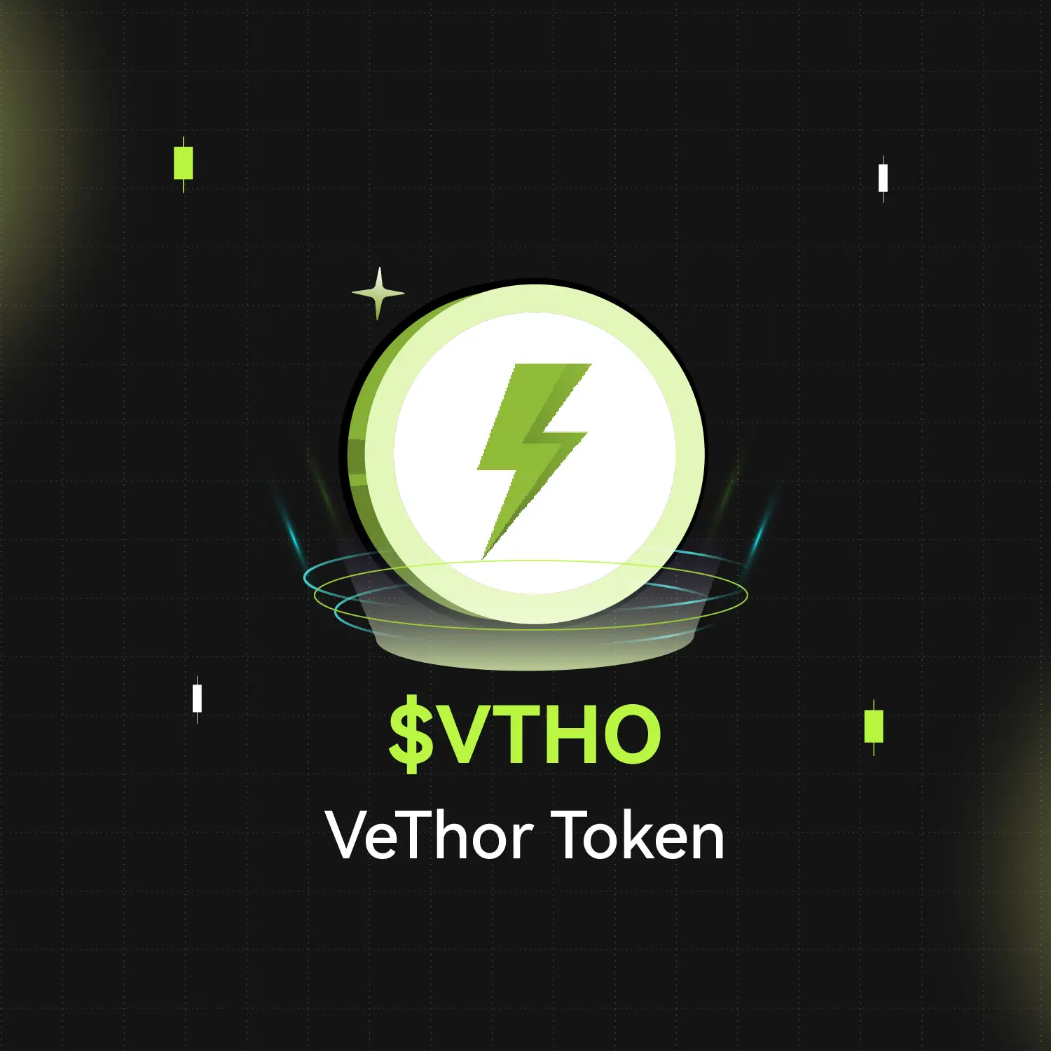Bitunix A digital graphic showing a green lightning bolt inside a glowing circle, with $VTHO and VeThor Token written below on a dark grid background with green and white accents.