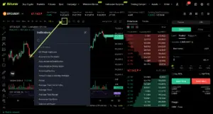 Bitunix A cryptocurrency trading platform displays a BTC/USDT crypto candlestick chart, order book, and an open Indicators menu featuring options like Accumulation/Distribution and Moving Average. An arrow highlights the indicators button. | Bitunix Bitunix A cryptocurrency trading platform displays a BTC/USDT crypto candlestick chart, order book, and an open Indicators menu featuring options like Accumulation/Distribution and Moving Average. An arrow highlights the indicators button.
