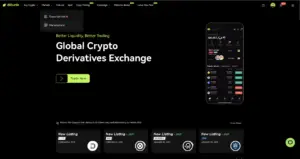 Bitunix A dark-themed webpage for Bitunix, a global crypto derivatives exchange, features a Trade Now button, a smartphone displaying trading data including BERA, and new crypto listings at the bottom.