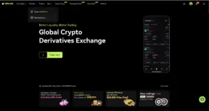 Bitunix Screenshot of Bitunix’s homepage featuring a dark background, the slogan “Global Crypto Derivatives Exchange,” a “Trade Now” button, a mobile trading app preview, and promotional banners for bonuses and new listings.