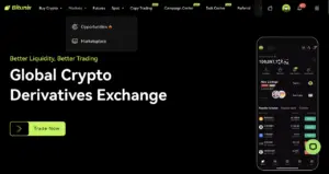Bitunix Screenshot of the Bitunix website homepage displaying “Global Crypto Derivatives Exchange” in large text, navigation menu at the top, and a phone showing crypto trading prices on the right, highlighting Bitunix’s advanced LAYER features. A green “Trade Now” button is visible.
