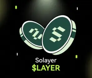 Bitunix Two stylized green coins with the Solana logo hover above the text “Solayer $LAYER” in bright green, set against a dark grid background with glowing spotlights and sleek LAYER-inspired digital effects.