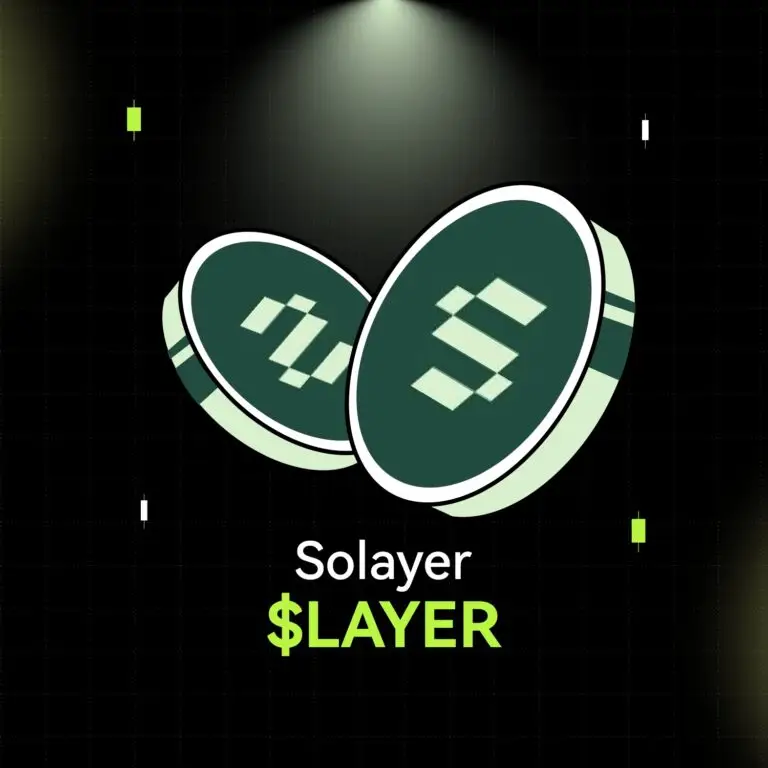 Bitunix Two stylized green coins with the Solana logo hover above the text “Solayer $LAYER” in bright green, set against a dark grid background with glowing spotlights and sleek LAYER-inspired digital effects.