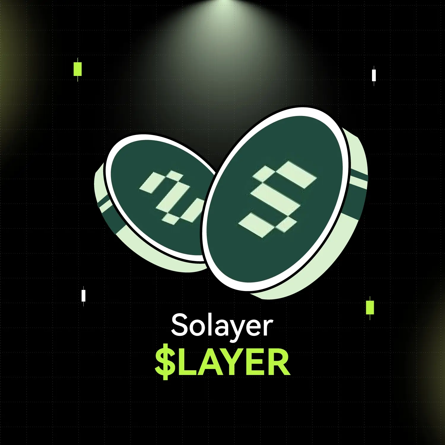 Bitunix Two stylized green coins with the Solana logo hover above the text “Solayer $LAYER” in bright green, set against a dark grid background with glowing spotlights and sleek LAYER-inspired digital effects.