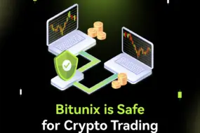 Bitunix Two laptops displaying crypto charts are connected by a green link with a shield and checkmark between them. Stacks of coins are beside each laptop. Text below reads, “Bitunix is Safe for Crypto Trading.”.