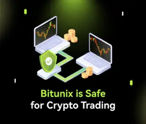 Bitunix Two laptops displaying crypto charts are connected by a green link with a shield and checkmark between them. Stacks of coins are beside each laptop. Text below reads, “Bitunix is Safe for Crypto Trading.”.