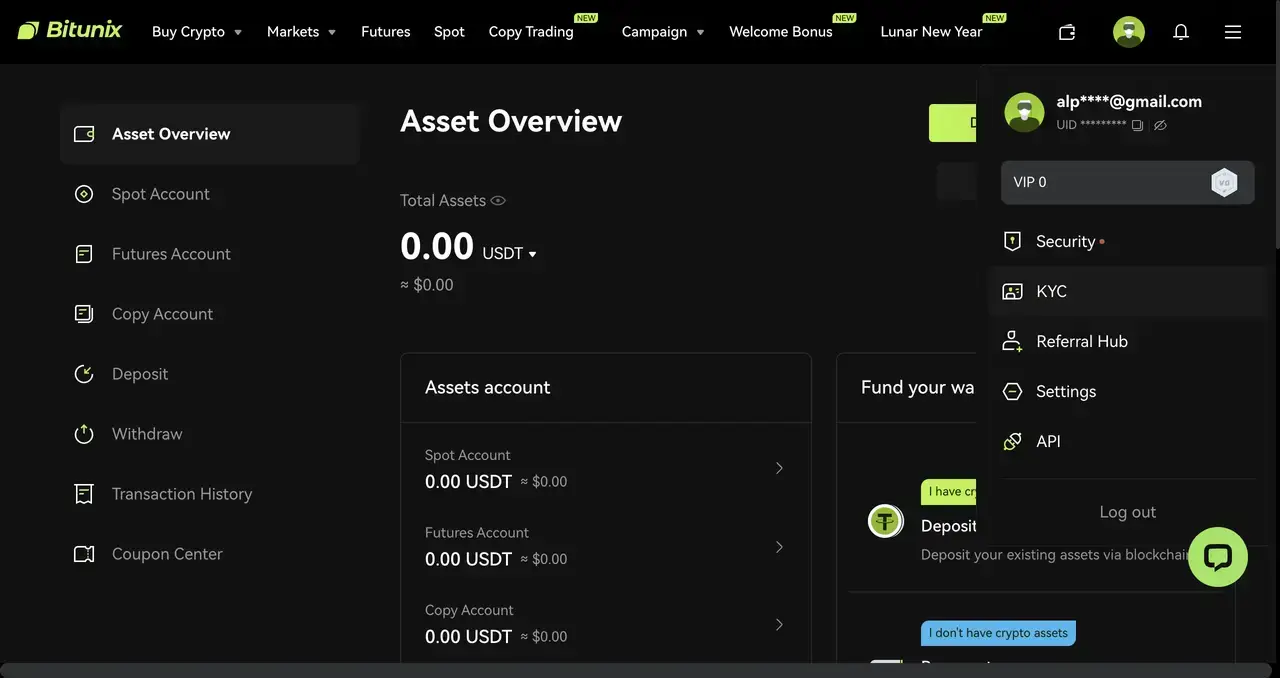 Bitunix Screenshot of the Bitunix dashboard showing the Asset Overview page with total assets at 0.00 USDT. The user menu on the right displays options like Security, KYC, Referral Hub, and more for easy account management.