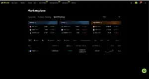 Bitunix A cryptocurrency trading platform dashboard showing spot trading data, gainers, losers, top volume coins—like $TOSHI—and details such as coin pairs, price, 24-hour change, and a small price chart. The interface features a dark theme.