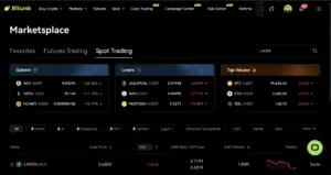 Bitunix A cryptocurrency trading dashboard shows gainers, losers, and top volume coins. ACH, VISTA, and LAYER are top gainers; JAILS, BAN, and FART are top losers. BTC, ETH, and SOL have the highest trading volumes.