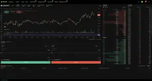 Bitunix A cryptocurrency trading interface displays a candlestick price chart, order book, recent trades, and buy/sell options for the PROM/USDT token on the Bitmart exchange platform, all set against a sleek dark-themed background.