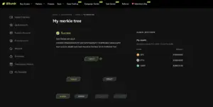 Bitunix A dark-themed dashboard on Bitznik shows a My merkle tree page with a green Success message. It displays a Merkle tree diagram, audit info, and account assets in BTC, ETH, and USDT on the right. | Bitunix Bitunix A dark-themed dashboard on Bitznik shows a My merkle tree page with a green Success message. It displays a Merkle tree diagram, audit info, and account assets in BTC, ETH, and USDT on the right.