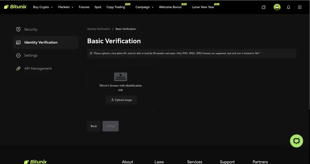Bitunix A website page titled Basic Verification asks users to upload an image of their driver's license for KYC identity verification. Sidebar navigation and top menu options are visible. The page features a sleek dark theme.
