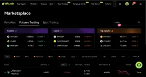 Bitunix A crypto trading dashboard showing market data: gainers (ACHUSDT, PUSD, PLTUSDT), losers (BANUSDT, FAROTCOINUSDT, GRAFINAIUSDT), and top volumes (BTCUSDT, ETHUSDT, SOULUSDT) under the Futures Trading tab in a clear LAYER layout.
