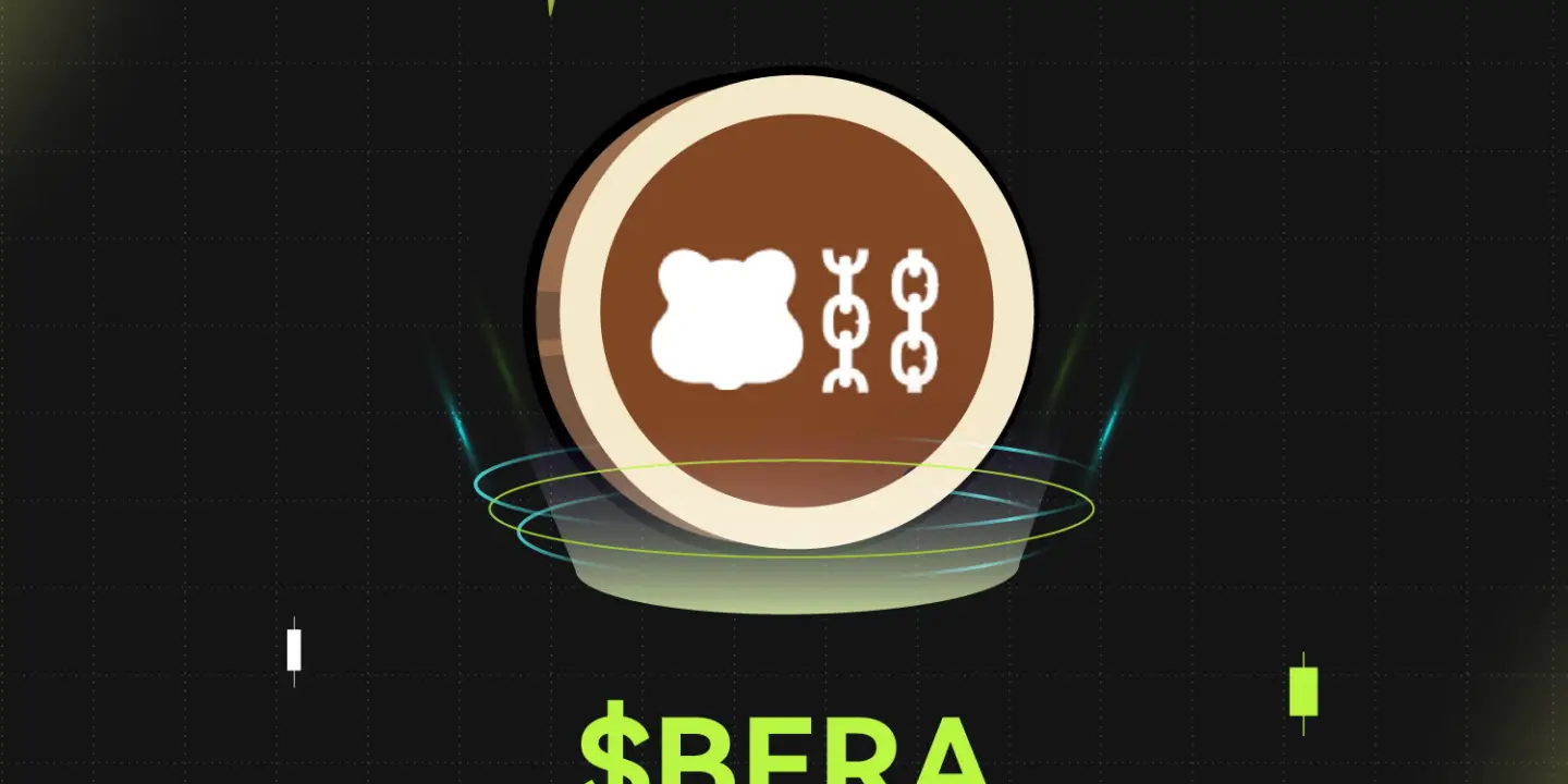 Bitunix A digital coin with a bear icon and chain links in the center, surrounded by glowing lines and floating shapes. Below, green text reads $BERA and white text displays Berachain, highlighting BERA on a dark grid background.