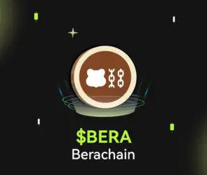 Bitunix A digital coin with a bear icon and chain links in the center, surrounded by glowing lines and floating shapes. Below, green text reads $BERA and white text displays Berachain, highlighting BERA on a dark grid background.