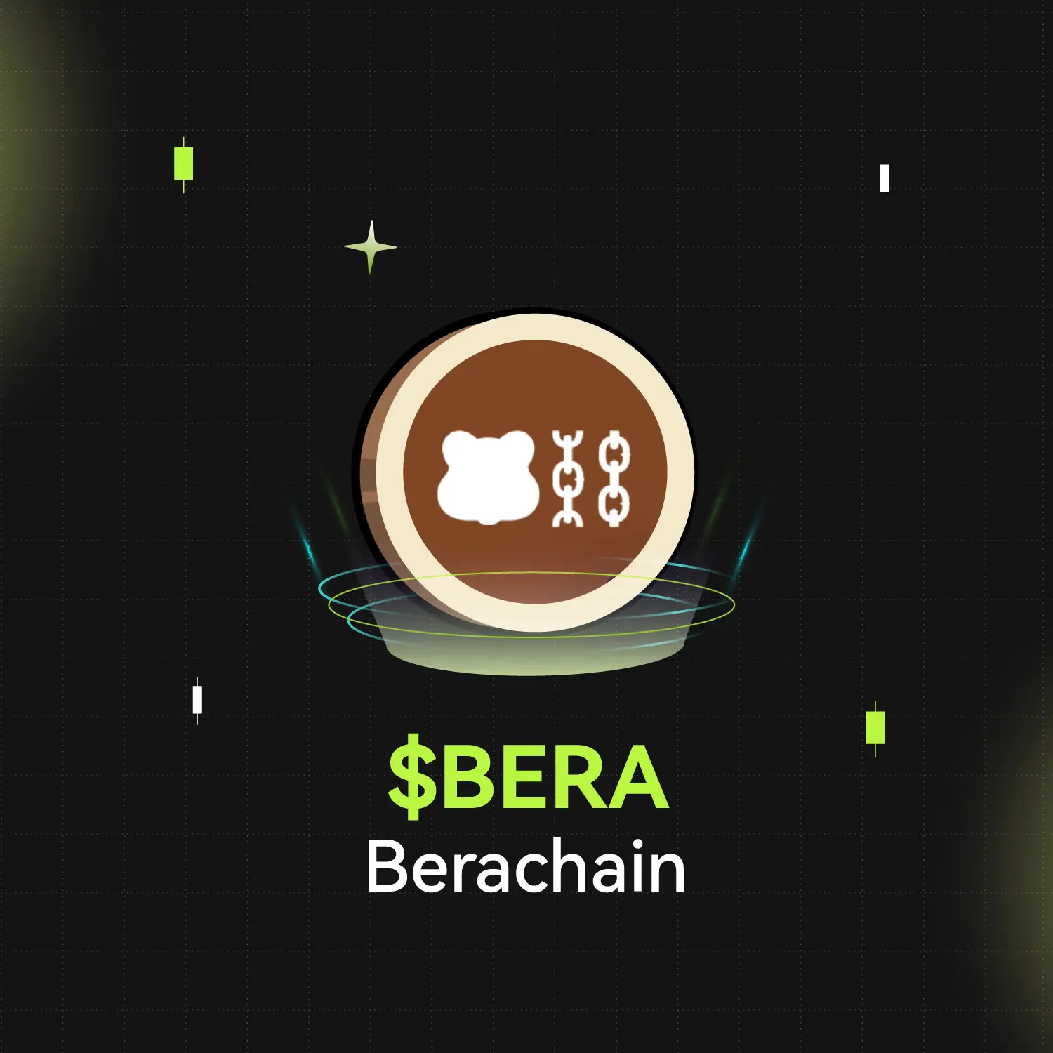 Bitunix A digital coin with a bear icon and chain links in the center, surrounded by glowing lines and floating shapes. Below, green text reads $BERA and white text displays Berachain, highlighting BERA on a dark grid background.