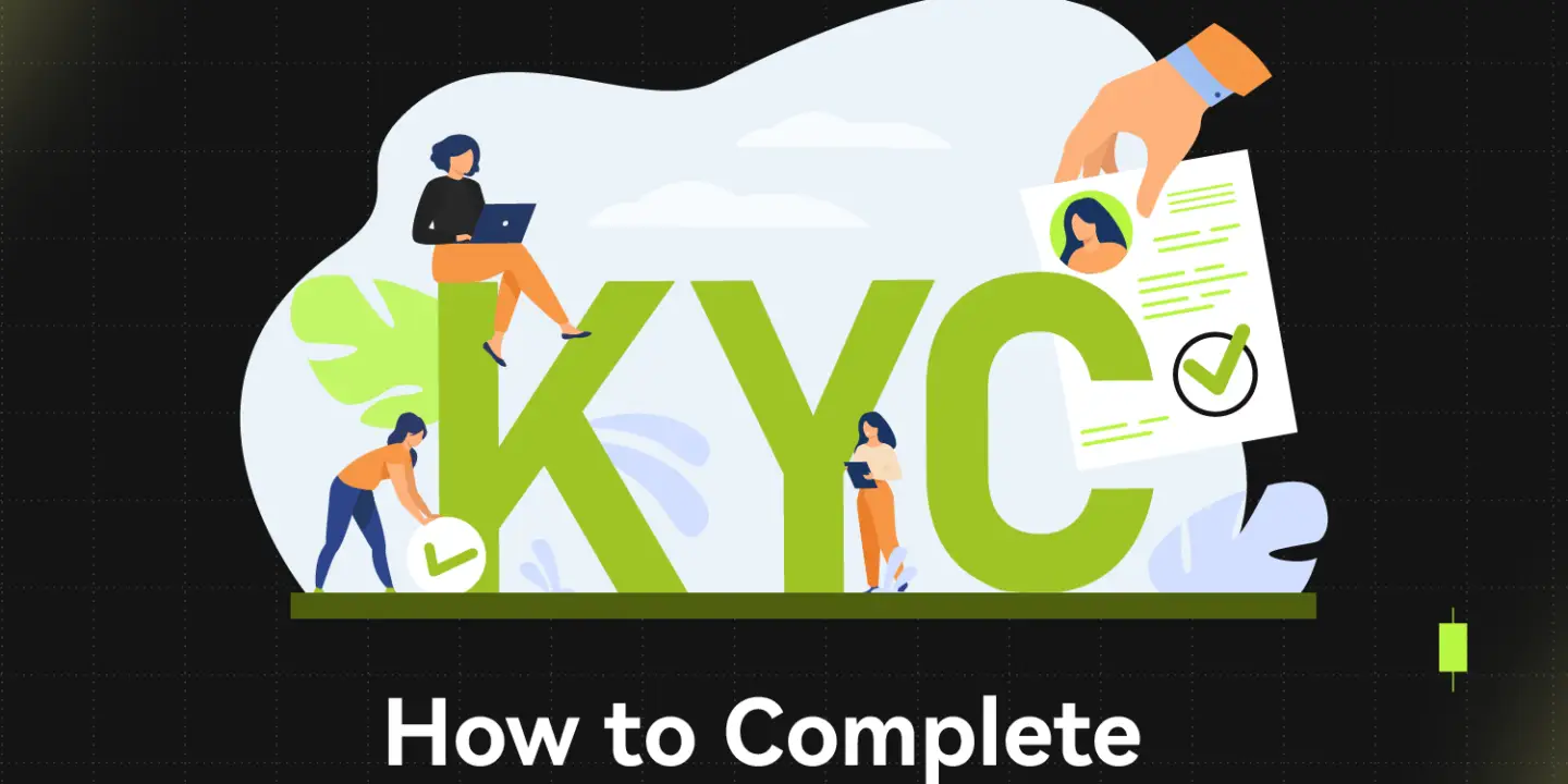 Bitunix Illustration showing people around large KYC letters with icons of documents and check marks. Text below reads, How to Complete Your KYC? on a dark, grid-patterned background, highlighting the importance of the KYC process.