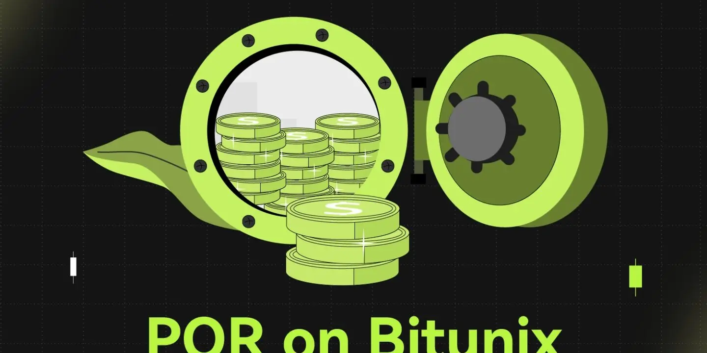 Bitunix An illustration of stacked coins inside an open vault with POR on Bitunix written below, set against a dark grid background with green highlights. | Bitunix Bitunix An illustration of stacked coins inside an open vault with POR on Bitunix written below, set against a dark grid background with green highlights.