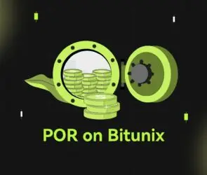 Bitunix An illustration of stacked coins inside an open vault with POR on Bitunix written below, set against a dark grid background with green highlights.
