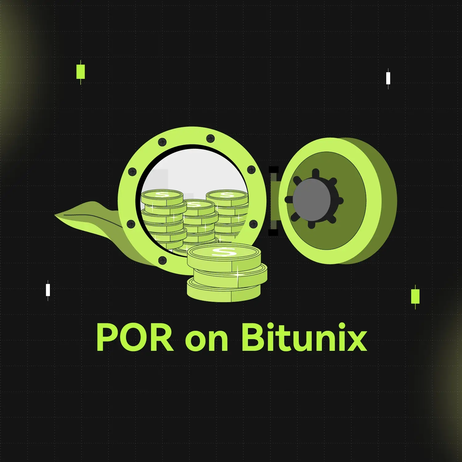 Bitunix An illustration of stacked coins inside an open vault with POR on Bitunix written below, set against a dark grid background with green highlights.