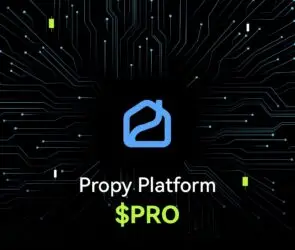 Bitunix A digital graphic with a blue house logo at the center, circuit-like lines radiating outward, and the text “Propy Platform $PRO” in white and green on a black background.