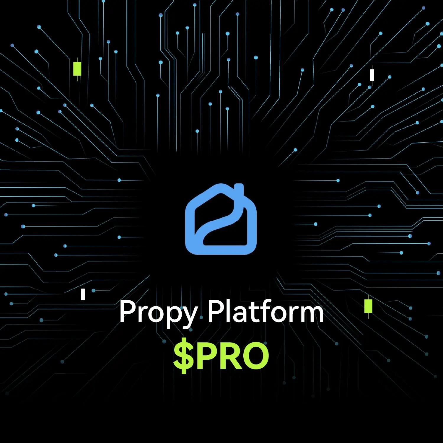 Bitunix A digital graphic with a blue house logo at the center, circuit-like lines radiating outward, and the text “Propy Platform $PRO” in white and green on a black background.