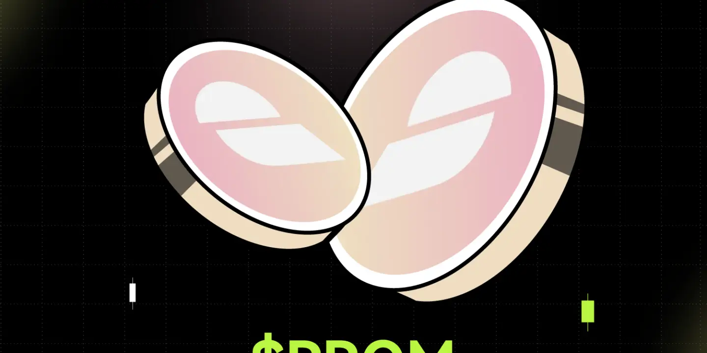 Bitunix Two stylized coins with abstract designs are shown on a dark grid background under a spotlight, with the bold green $PROM logo below. Small green and white rectangles, echoing the PROM branding, are scattered around the image.